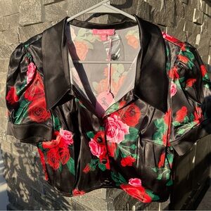 Sugar Thrillz Floral Print Satin Button-up Top